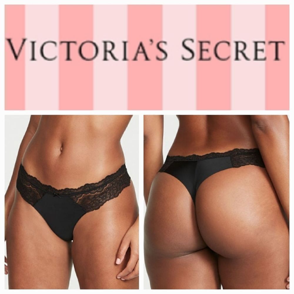 Victoria's Secret Dream Angels lace trim Black Thong Panty Size Medium